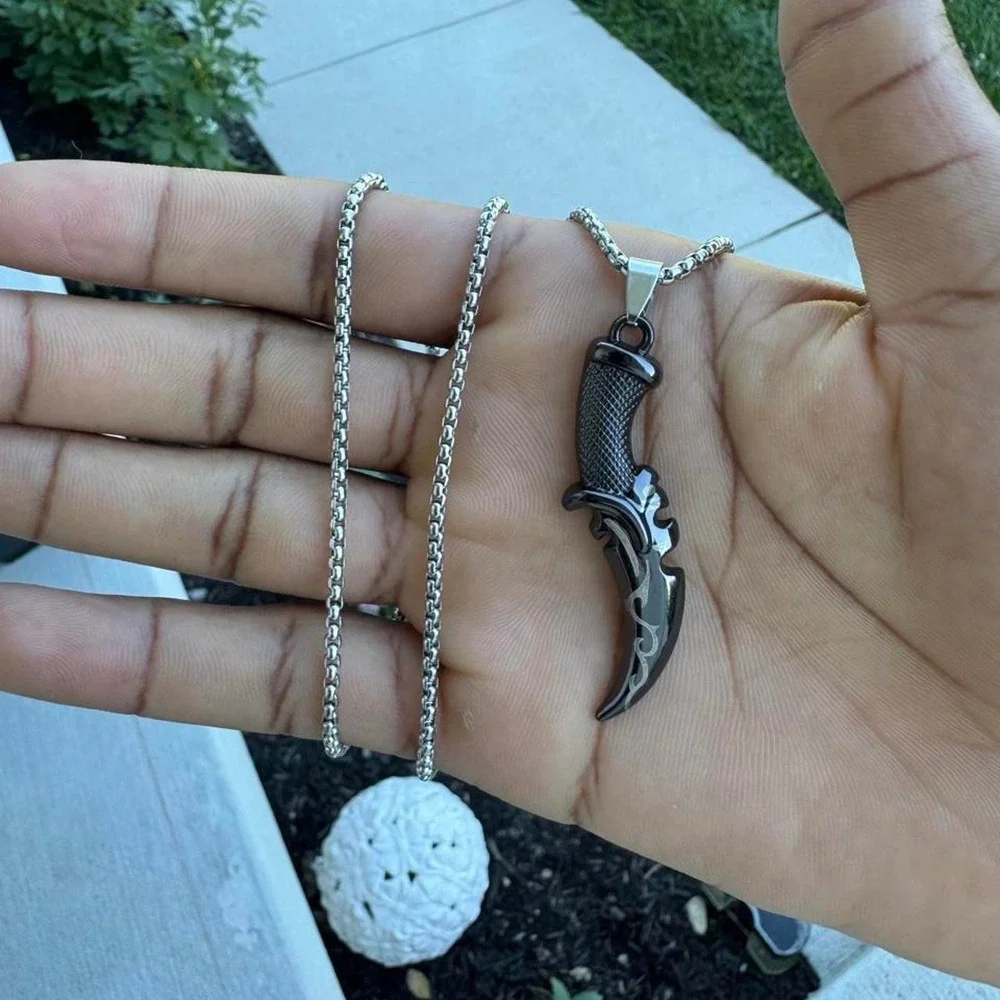 Dark Silver Sword Pendant Necklace Mens Curved Dagger Tribal Gothic 24in Chain